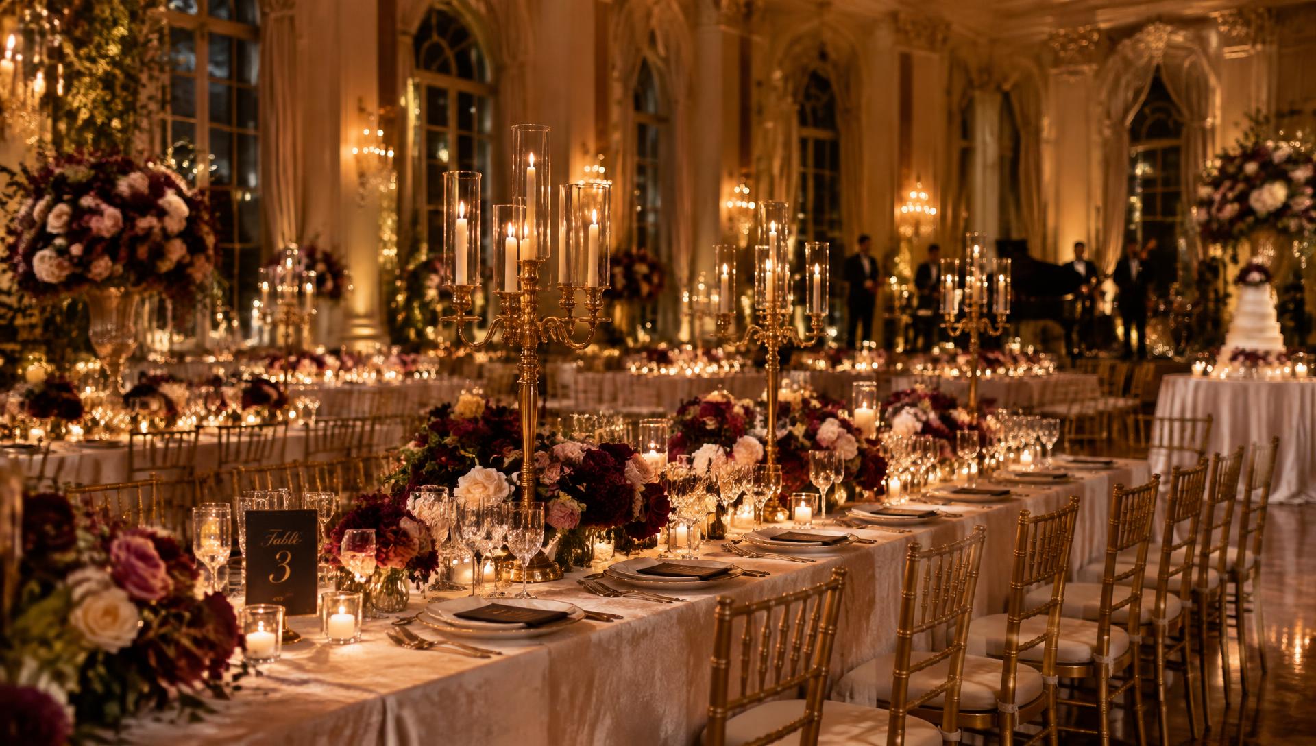 Candlelit ballroom wedding reception designed by Raeanne Ventures